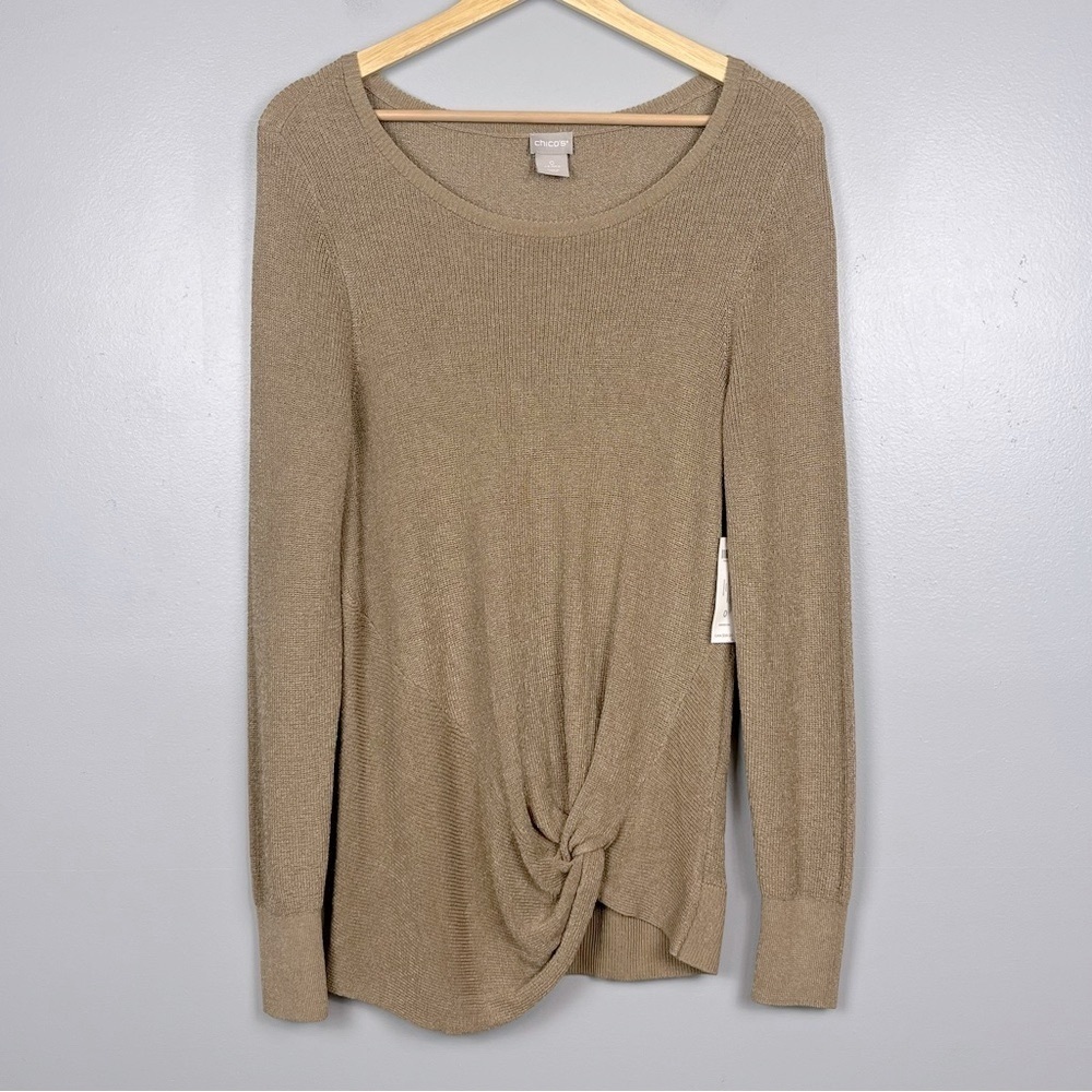 NWT Chico’s Gold Pullover Scoop Neck Side Twist Sweater, size small.